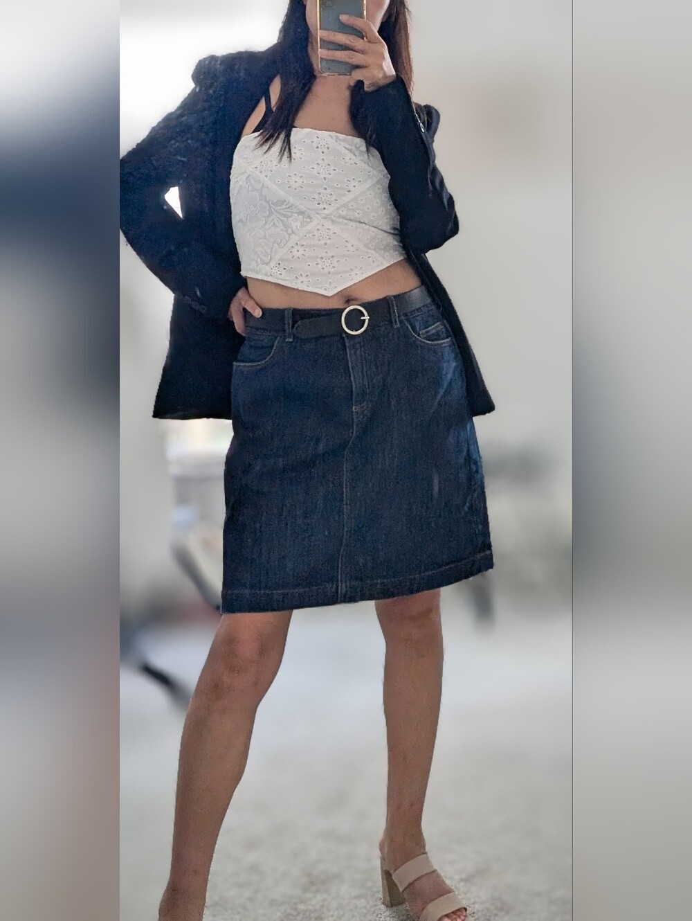 Boden Dark Blue Washed Denim A-Line Knee Length Skirt.